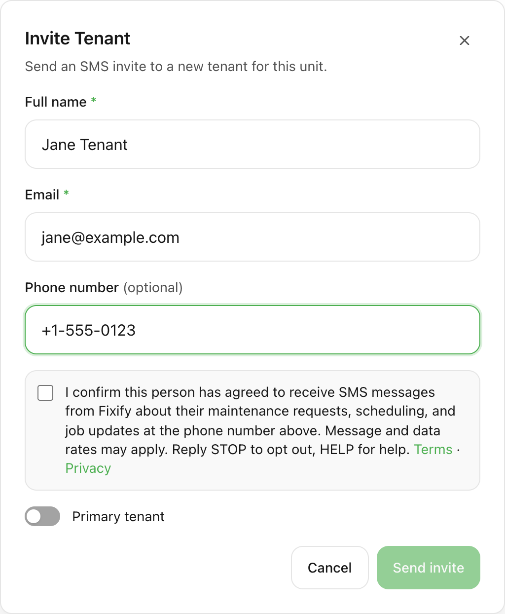 Screenshot of the Invite Tenant dialog in FYN Intelligence showing the SMS consent checkbox that property managers must confirm before sending tenant invites.