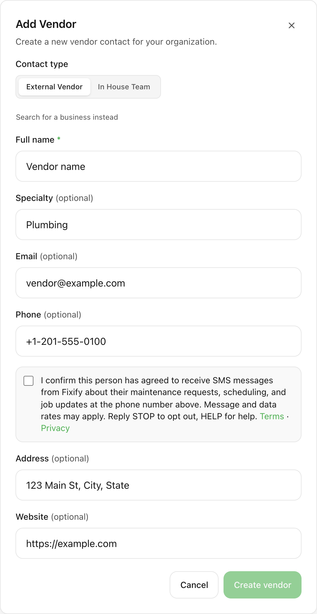 Screenshot of the Add Vendor dialog in FYN Intelligence showing the SMS consent checkbox that property managers must confirm before contacting a vendor by text.